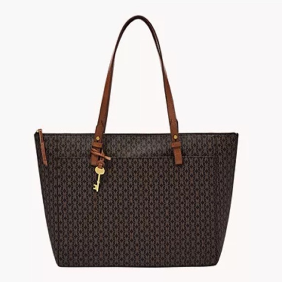 Fossil Women's Rachel Large Tote Bag In Black & Brown Monogram Zipper Top - Picture 1 of 12